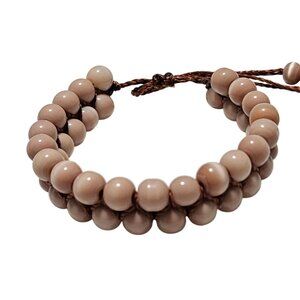 Handmade Boho Beaded Bracelet Brown Adjustable Cord Cream Colored Beads Jewelry